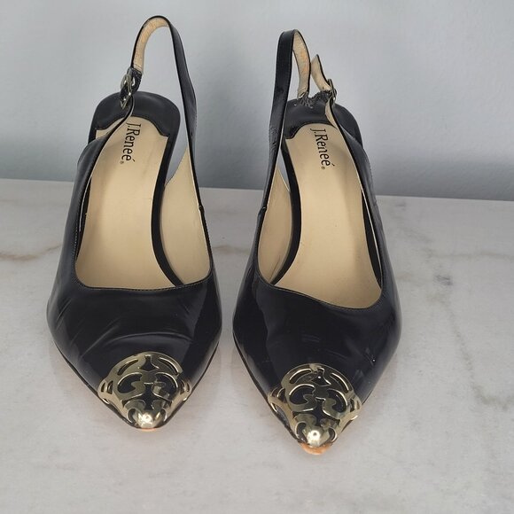 J. Renee Black Patent Slingback Heels with Gold Toe Cap – Size 12 - Picture 2 of 11